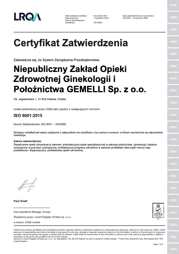 Certyfikat Zatwierdzenia ISO 9001:2015 dla NZOZ GEMELLI