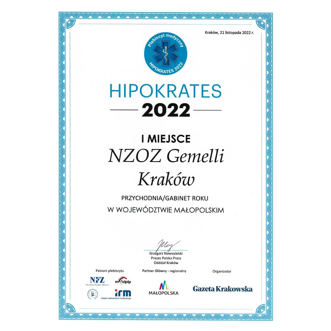 Dyplom Hipokrates 2022 - I miejsce Przychodnia Roku w województwie małopolskim