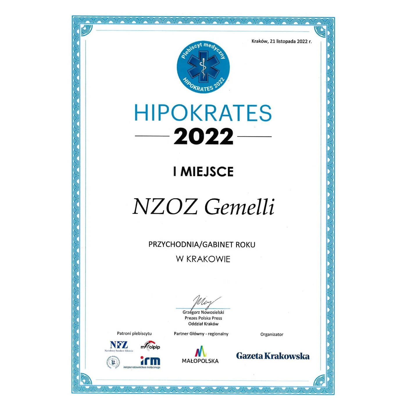 Dyplom Hipokrates 2022 - I miejsce Przychodnia Roku w Krakowie